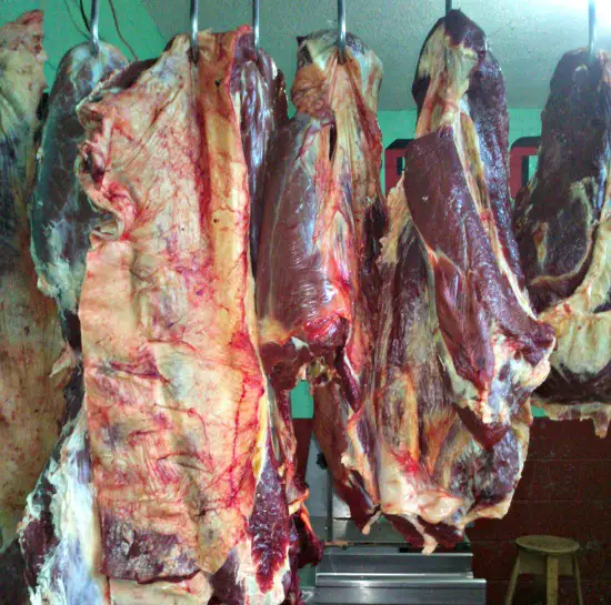 hanging beef at Antigua Market