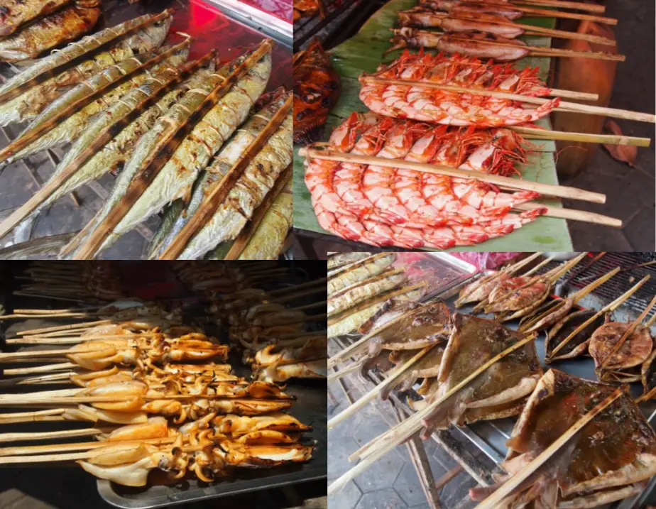 Cambodian street food barbecued fish and seafood