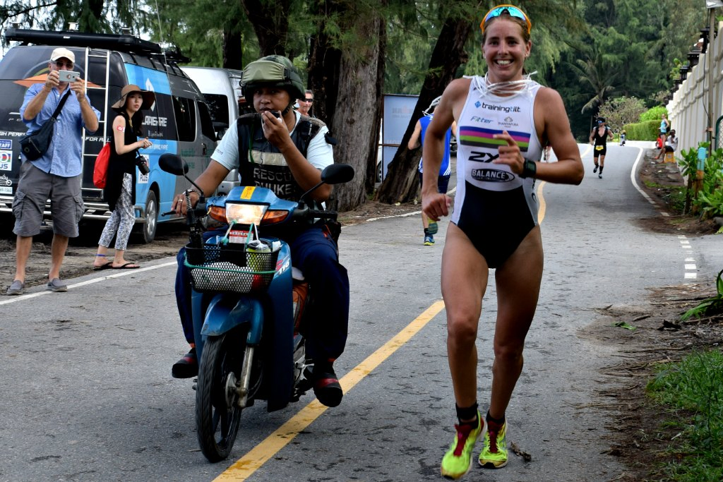 Amelia Watkinson of New Zealand on the way to winning the Female pro section of Ironman Thailand.