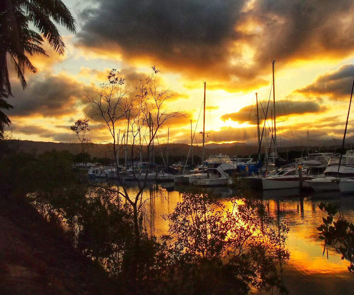 sunset water and yachts at the Port Douglas Marina